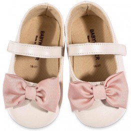 BabyWalker Βαπτιστικά παπούτσια κορίτσι γοβάκι με υφασμάτινο χειροποίητο φιογκάκι  Εκρού-Ροζ MI.1646